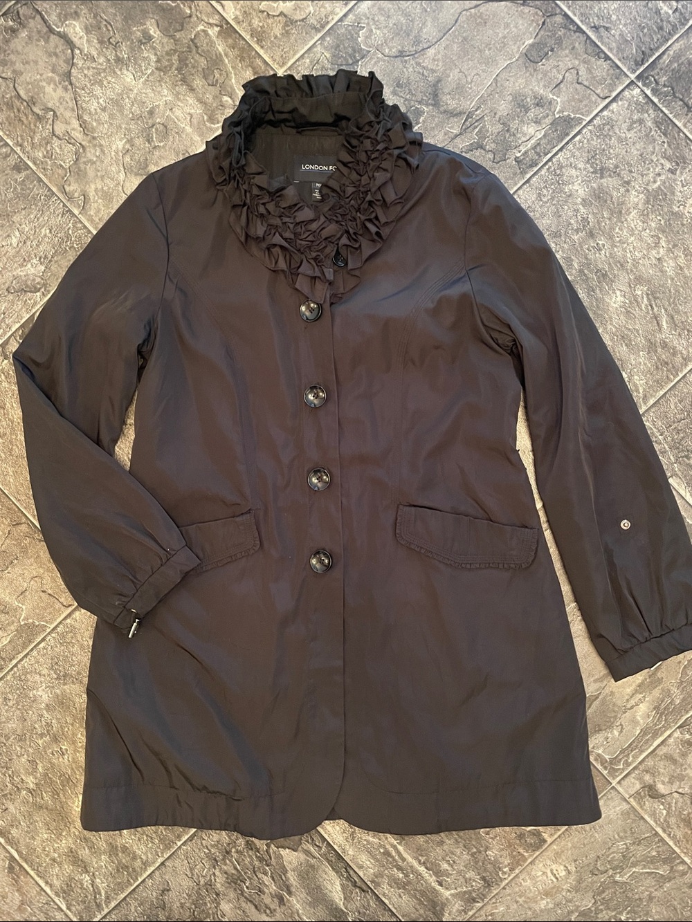 LONDON FOG Women’s Black Ruffle-Collar Coat Classic Coastal Feminine Whimsigoth